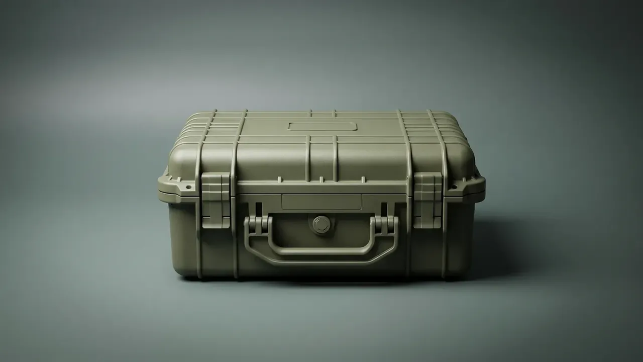 AED case: olive green body closed, two black latches, folding metal handle with a round centre lock button, grid ribs on the lid