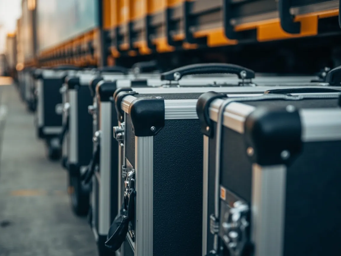 Multiple aerospace equipment cases stacked in a storage room