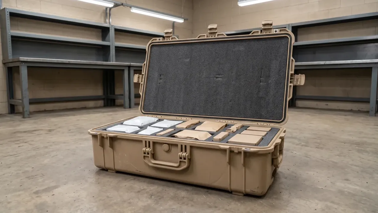 Air leak test aftermath: open tan case on a concrete floor, foam-lined lid, cut foam tray, four latches and grey shelving behind