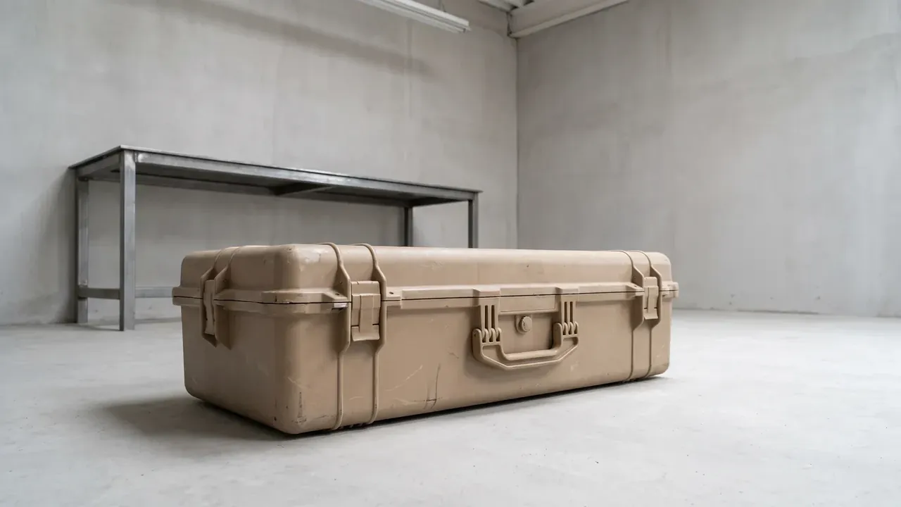Air Transport Protective Case: long tan case closed on pale concrete, a folding handle at centre, three latches along the seam, steel-framed bench behind