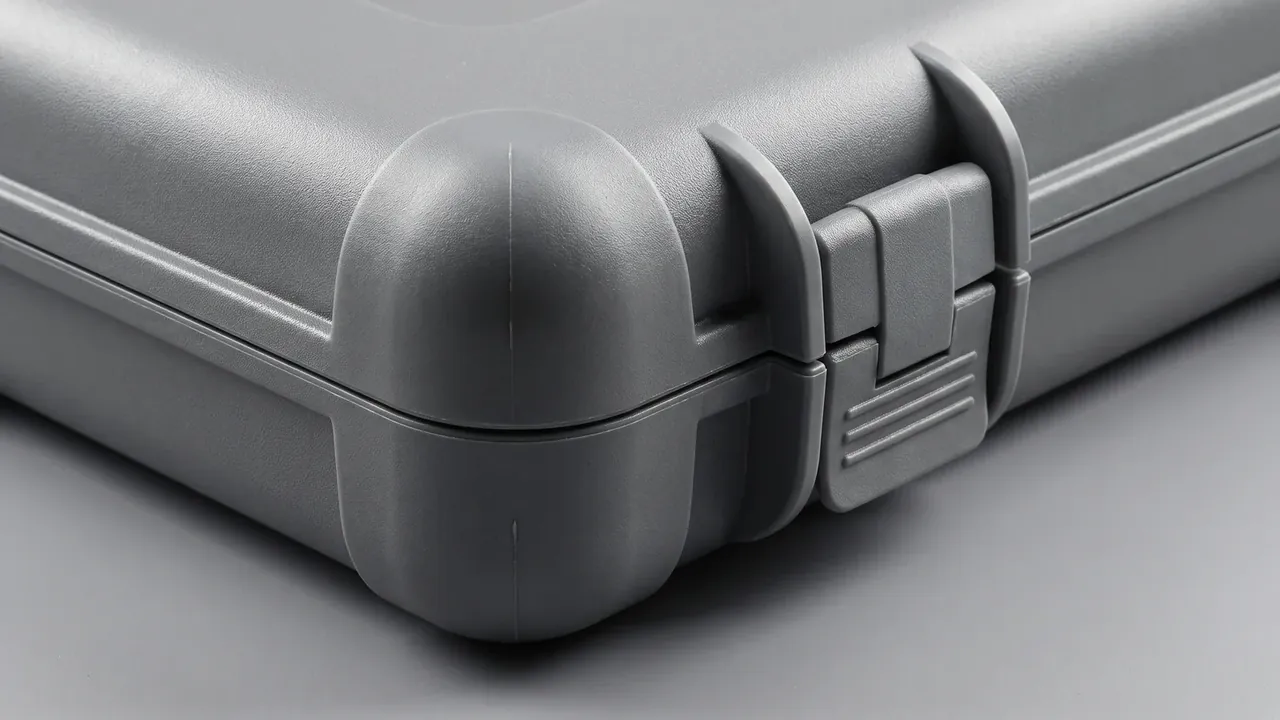 Airdrop case: corner close-up of a grey body, rounded cap over the lid seam, one black latch closed, mould parting line