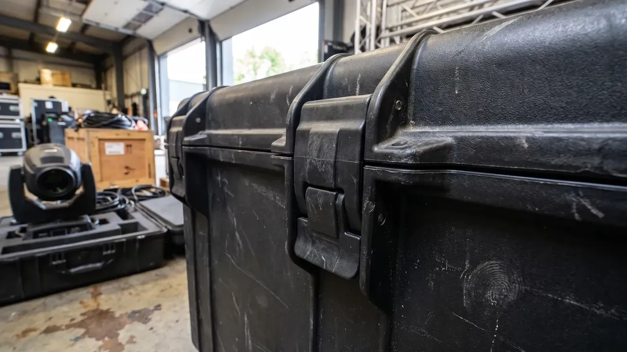 Airdrop case: large black body in a workshop, two stacked latches on the front, scuffed corners, concrete floor behind