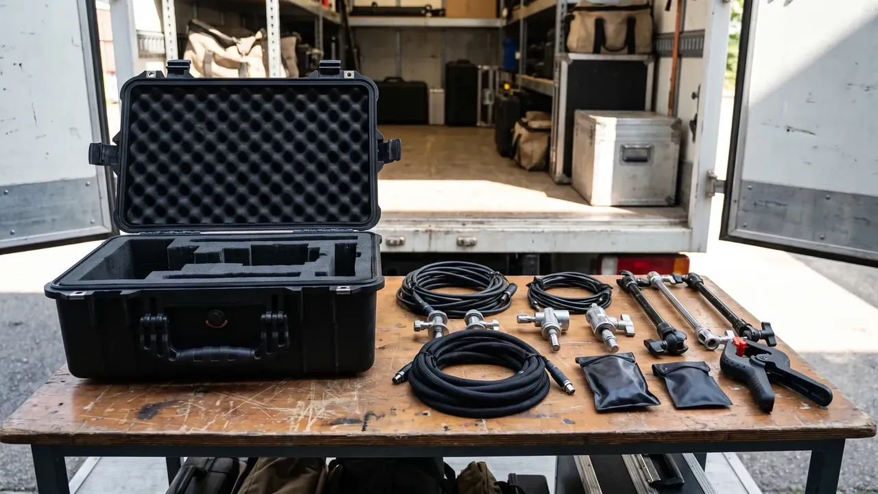 Airdrop Case: black case open on a scratched bench, egg-crate lid foam, cut tray, coiled cables, metal fittings, one red-handled tool, open truck behind