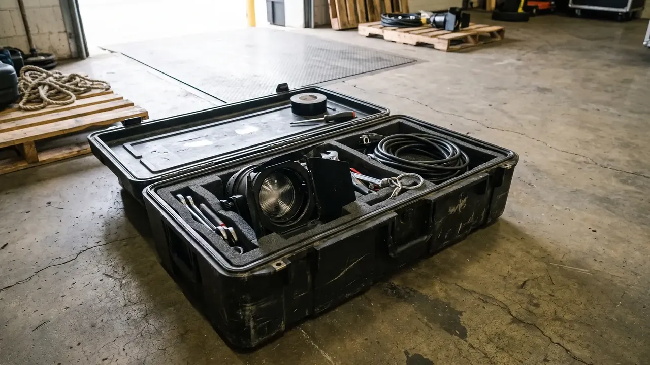 Airdrop Case: black case open on concrete, lid flipped holding tape and a screwdriver, foam holding a round lamp, cable coil and tools, scuffed walls