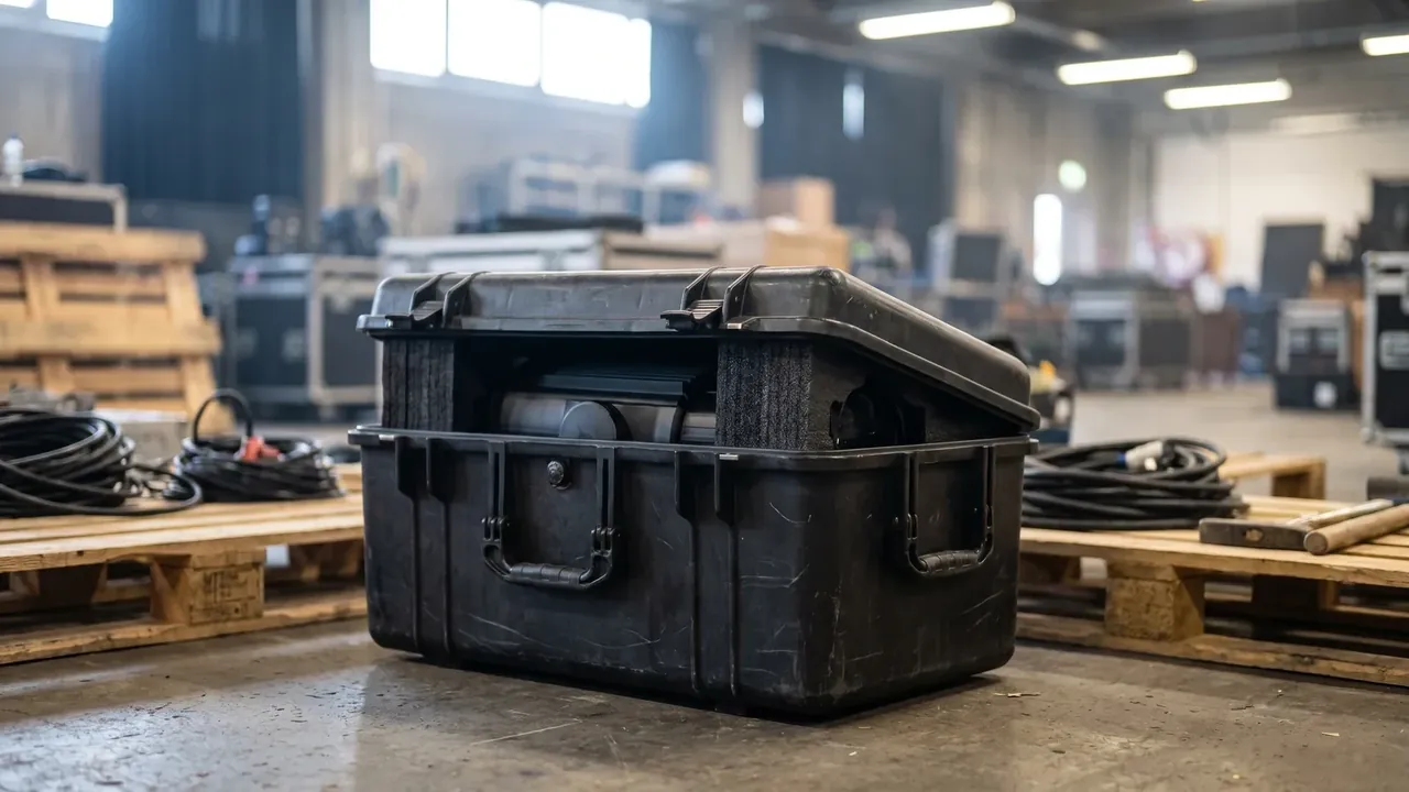 Airdrop Case: black case on a workshop floor, lid proud with a gap at the seam, white scuffs, grey handles, coiled cables on pallets behind