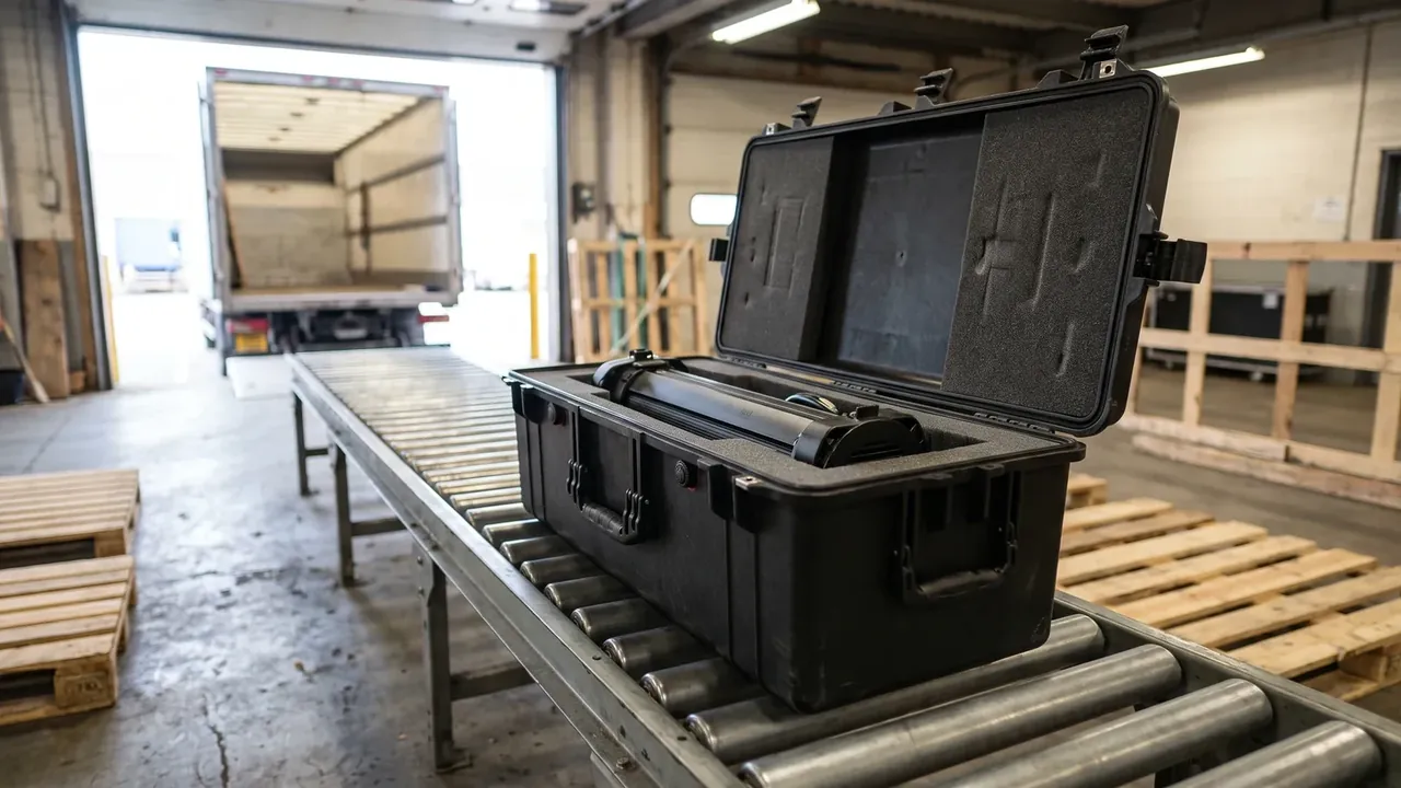 Airdrop Case: black case open on a roller conveyor, four lid latches, two side handles, red valve, long black item in foam, truck behind