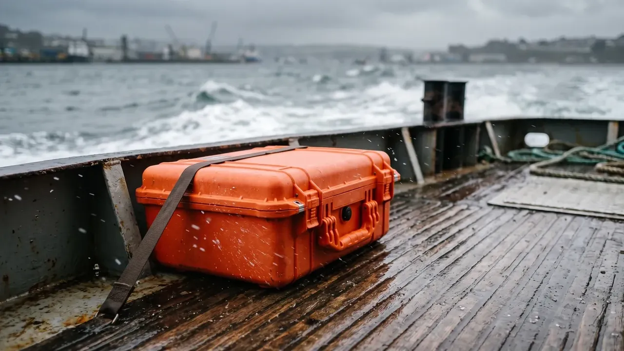 Airdrop Case: an orange case strapped to a wet timber deck, two latches and a round valve at the front, whitecaps and cranes behind