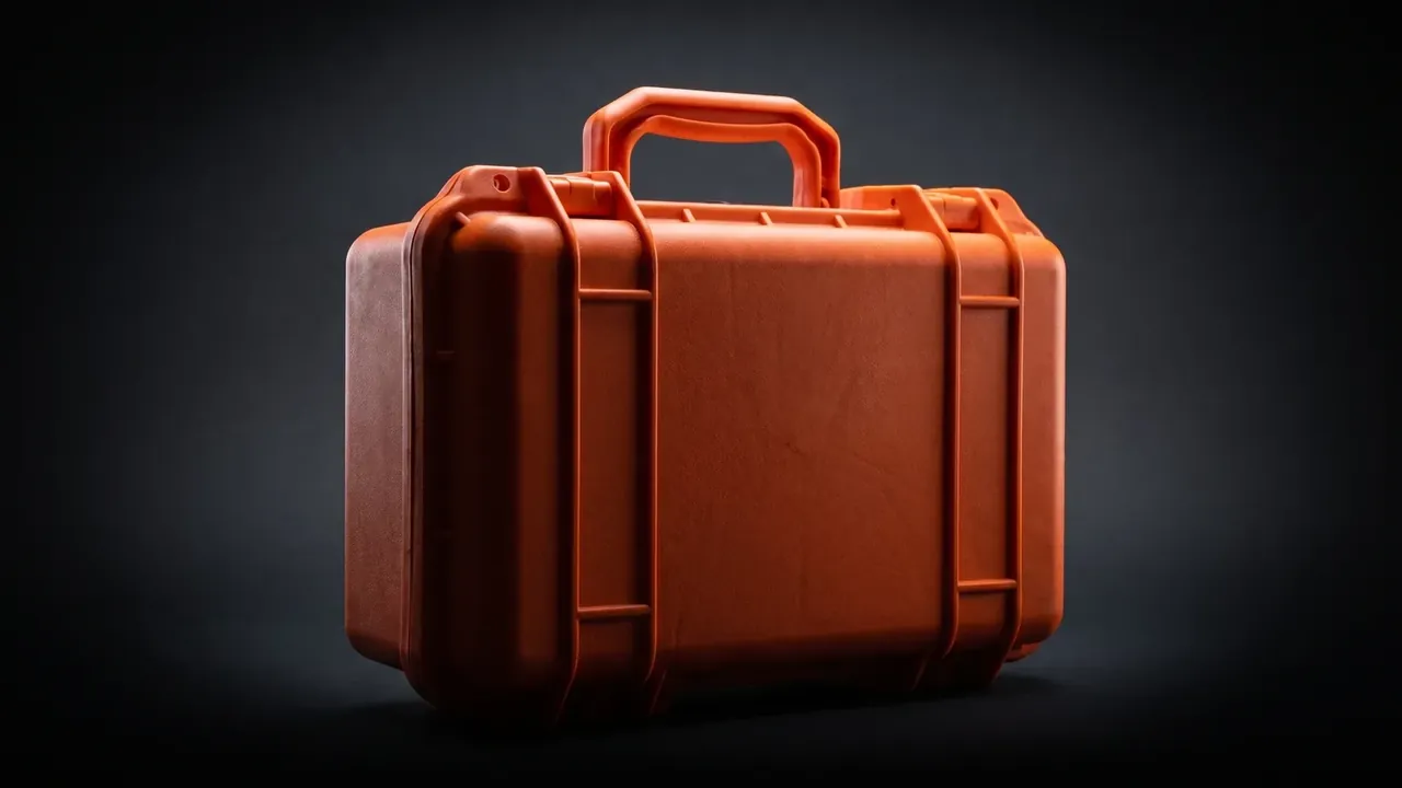 Airdrop Case: an orange case stood closed on a dark grey sweep, a recessed lid panel, two vertical ribs each side, folding handle raised