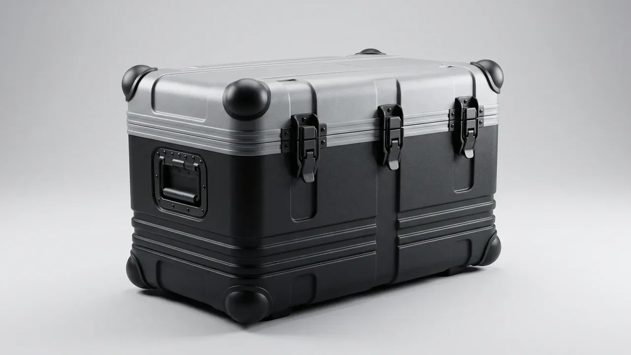 Airdrop case: silver-grey lid over a black body, three black draw latches across the front, recessed side handle and black corner caps