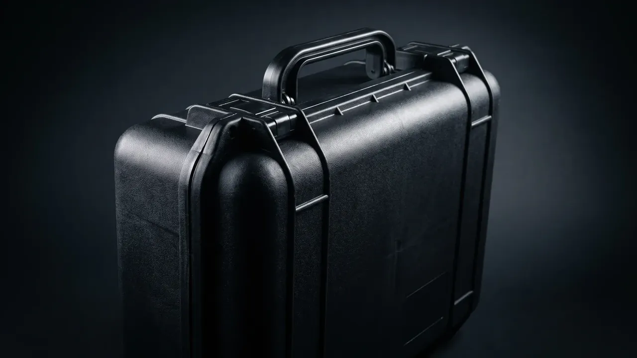 Airdrop Case: a black case stood on edge in close-up, thick lid rim, folding handle, one latch at the front, two shallow vertical ribs