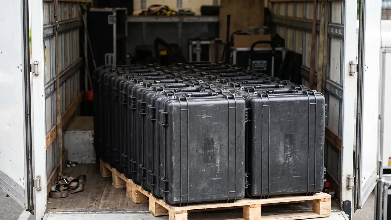 Airdrop Case: dozens of black cases in rows on timber pallets inside an open truck body, paired latches on each face, four rows deep