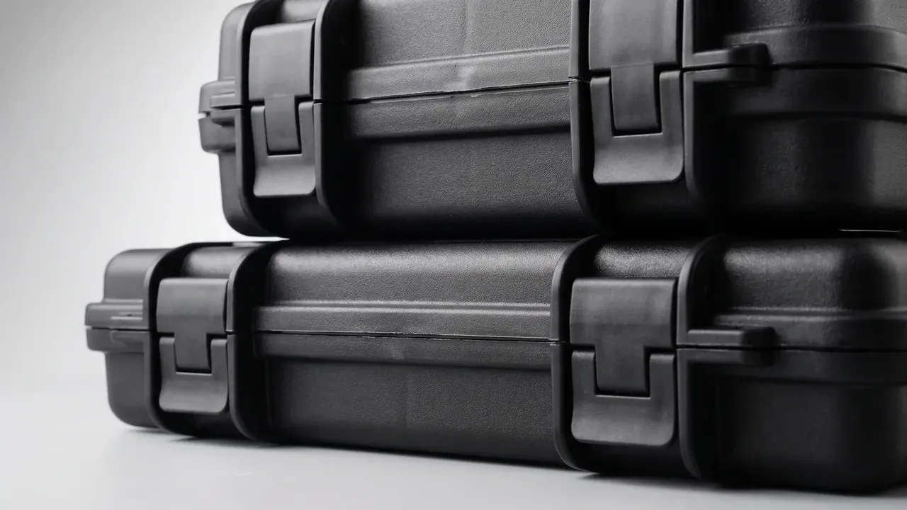 Two black cases stacked lid to base, latches lined up on the same side