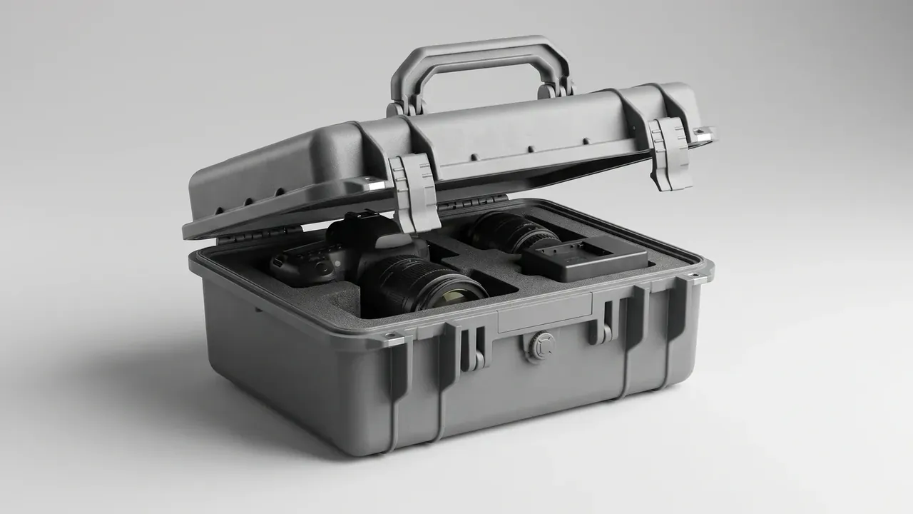 Grey lid lifted, cut foam holding a camera body, two lenses and a charger