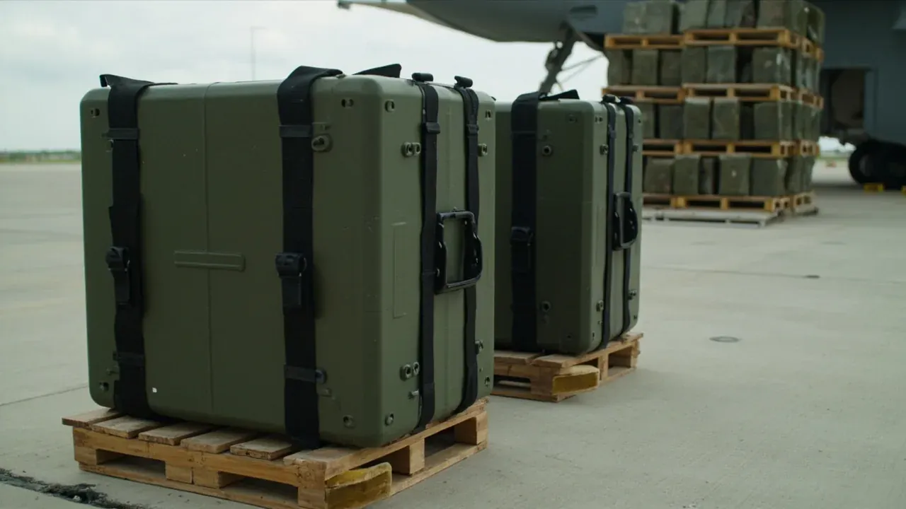 Three olive hard cases on wooden pallets, black straps across the shells