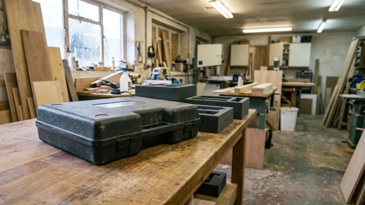 Airtight plastic safety case: a closed black blow-moulded case on a workshop bench, three more of the same body staggered behind, timber racks beyond