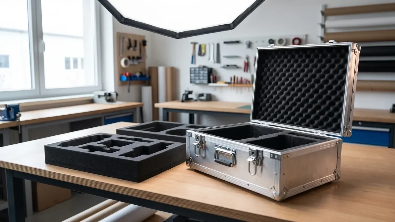 Airtight plastic safety case: an open silver hard case on a studio bench, egg-crate foam in the lid, two black inserts with square cavities