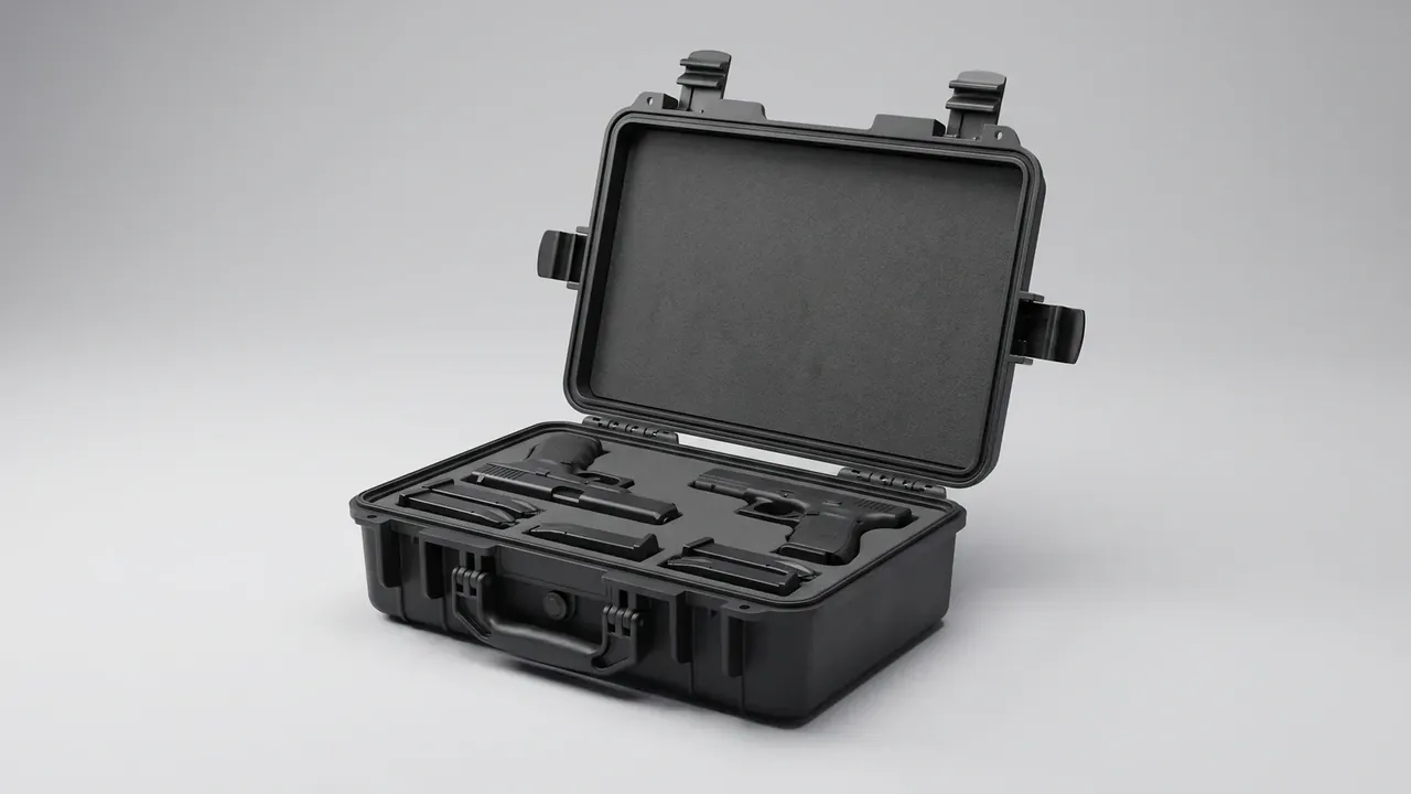Ammunition and Nuclear Ordnance Boxes: a black case standing open, flat foam pad in the lid, cut cavities in the base