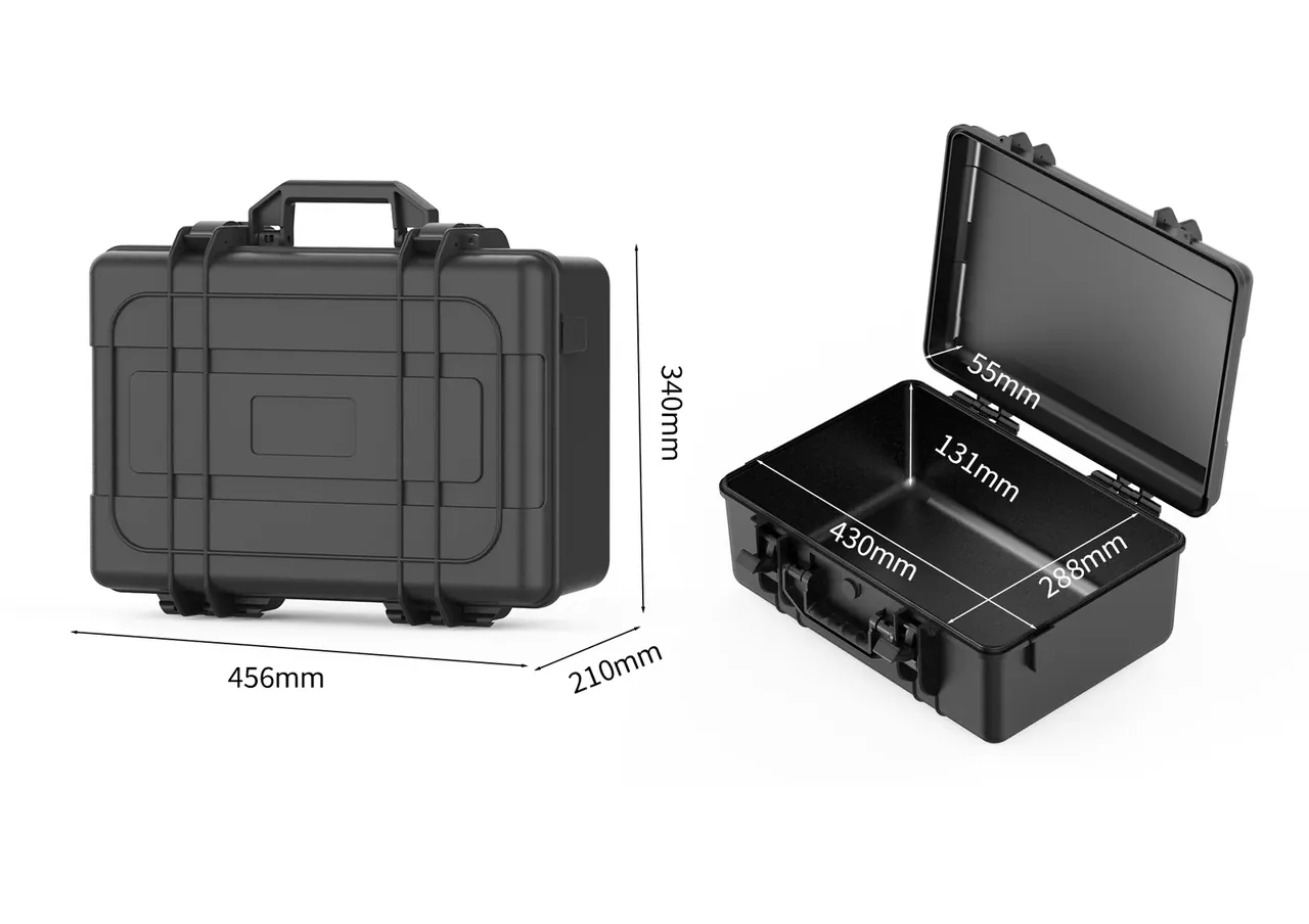 Outline and open interior of the same black case, marked 456mm long, 340mm high, 210mm deep outside, 430mm by 288mm inside