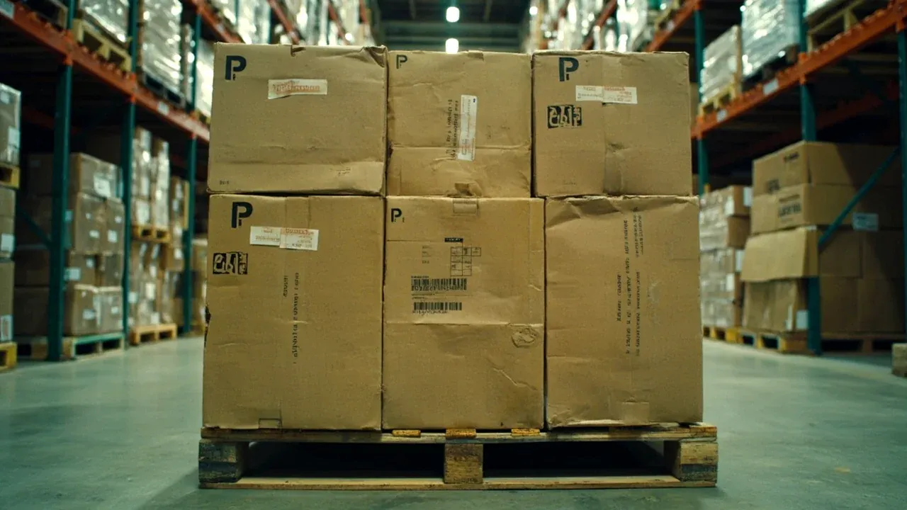 Four identical boxes stacked on a pallet, labels facing outward