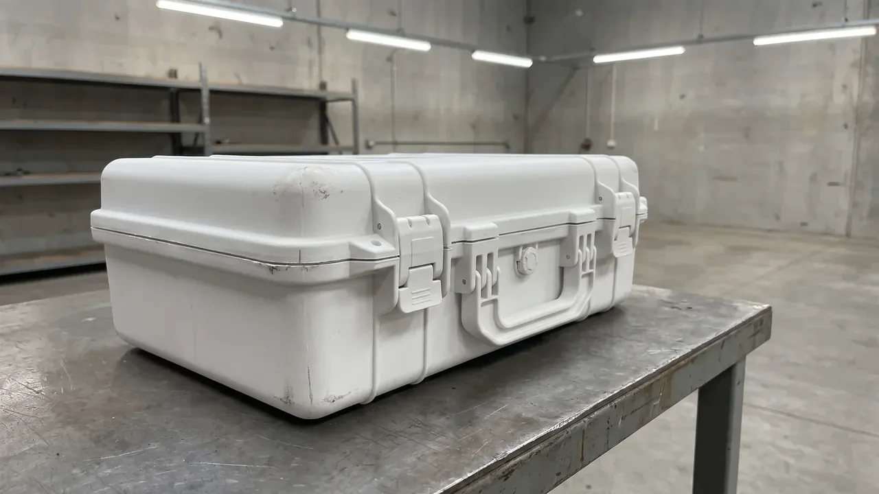 Ammunition box: closed white case on a steel bench, three front latches, integral handle with a round pressure-relief valve above it, grey shelving behind