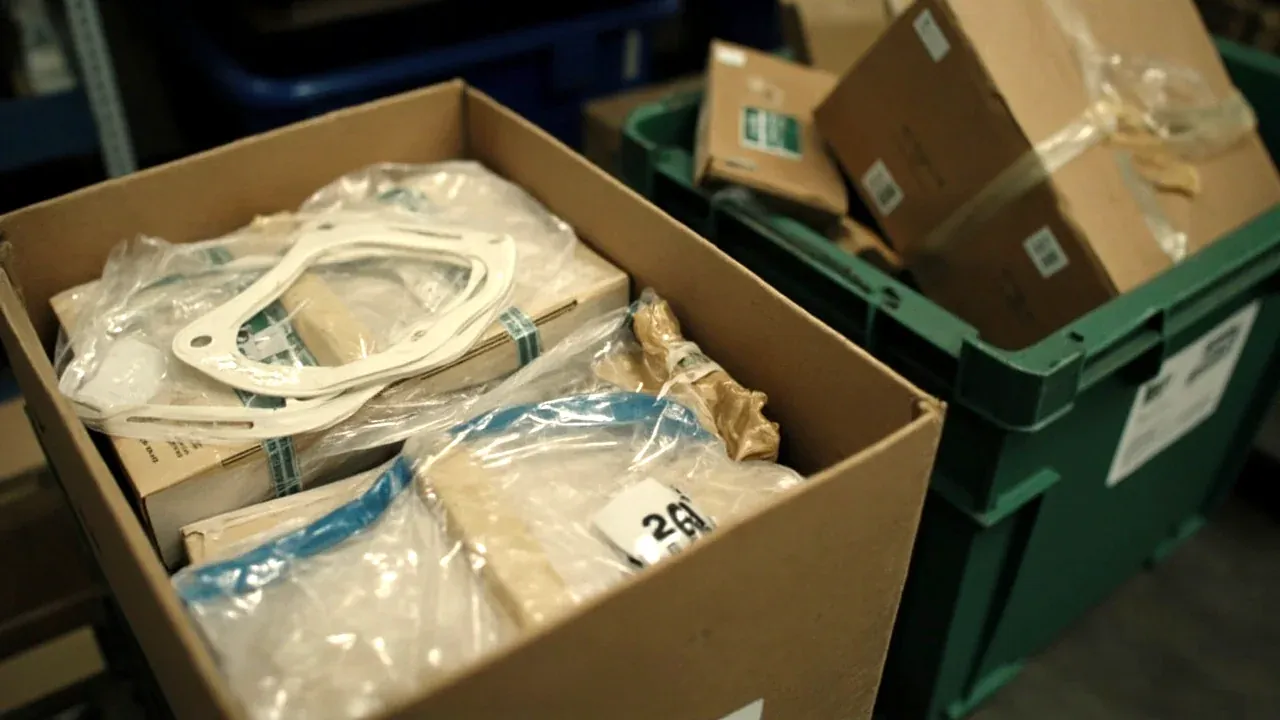 Both boxes open: gasket groove and dividers on one side, loose packing on the other