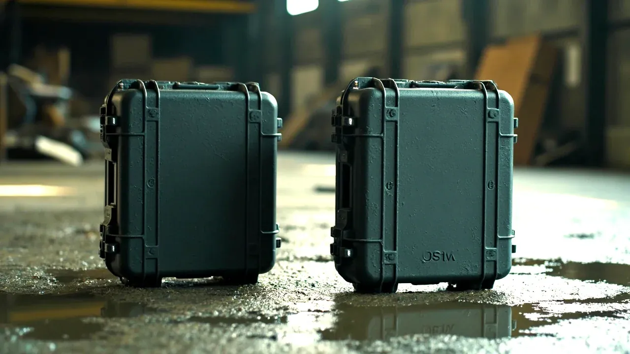Two boxes on wet concrete, water beaded on the plastic shell