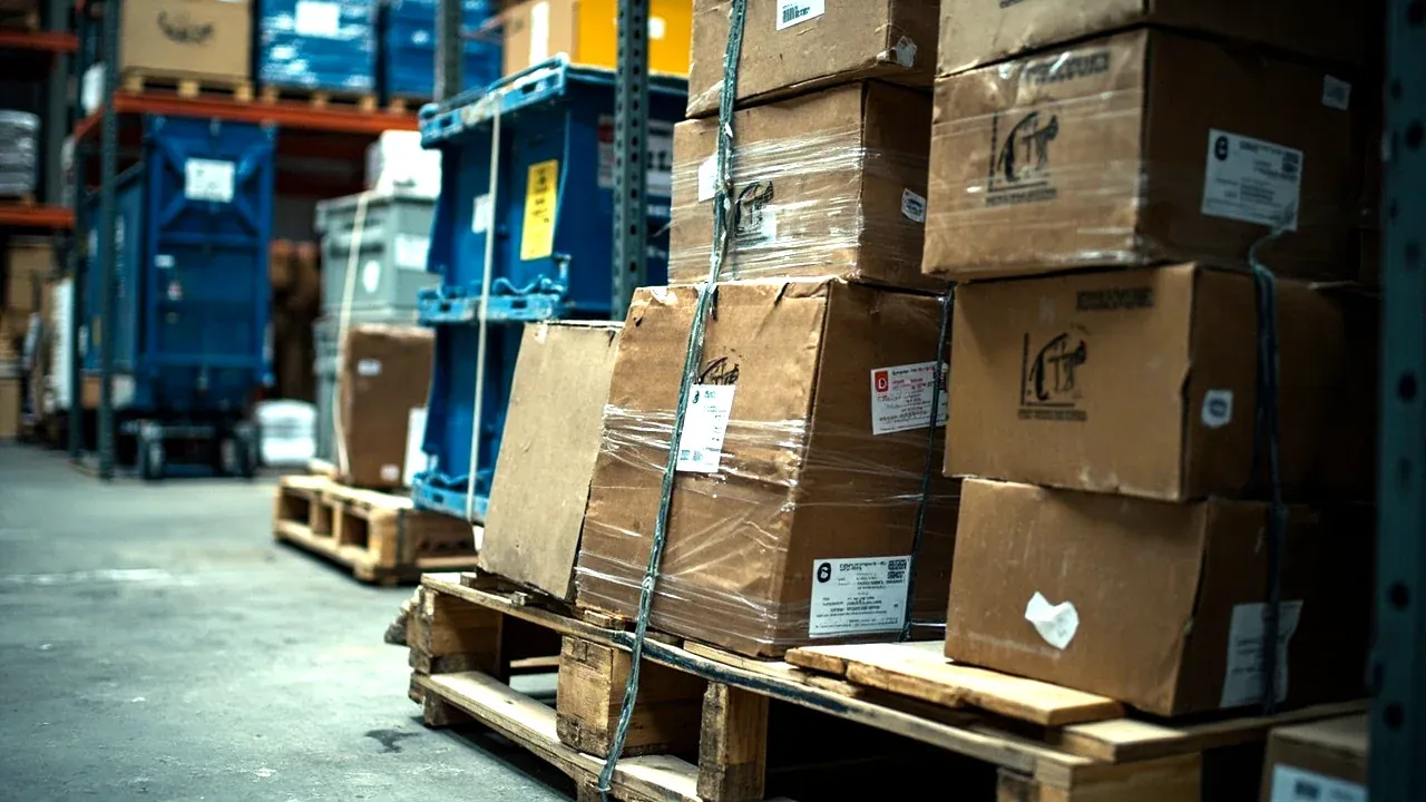 An ammunition box and a bin strapped on a pallet for shipment