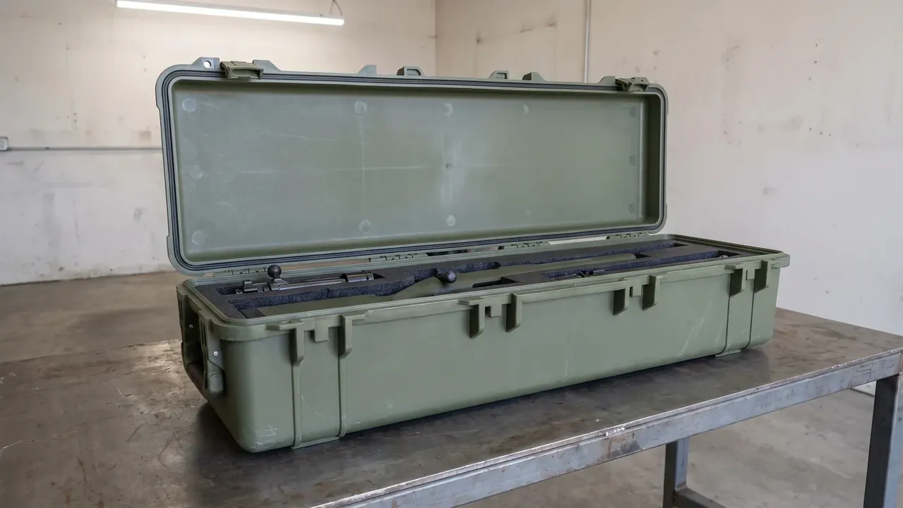 Ammunition chest: olive case open on a steel bench, white workshop behind, grey foam cradle, gasket at the lid rim, latch seats on the front