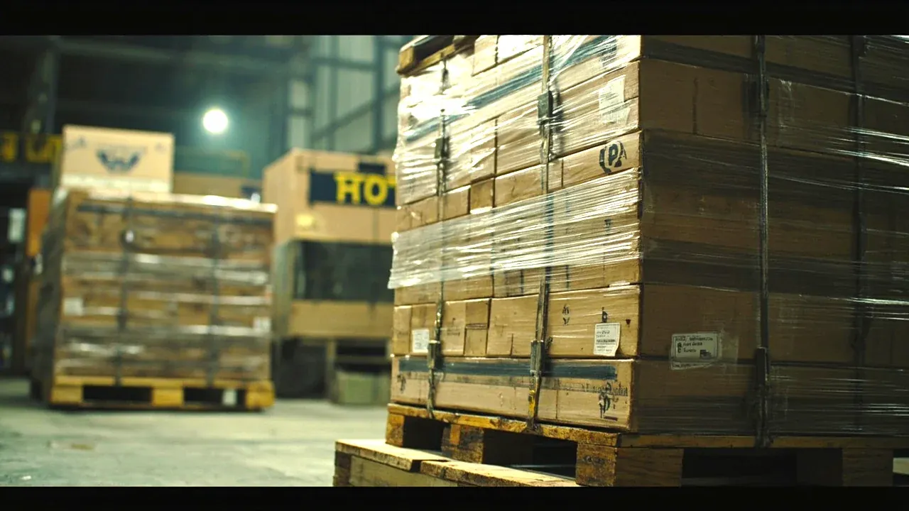 Two cases strapped on a pallet with the cabinet behind