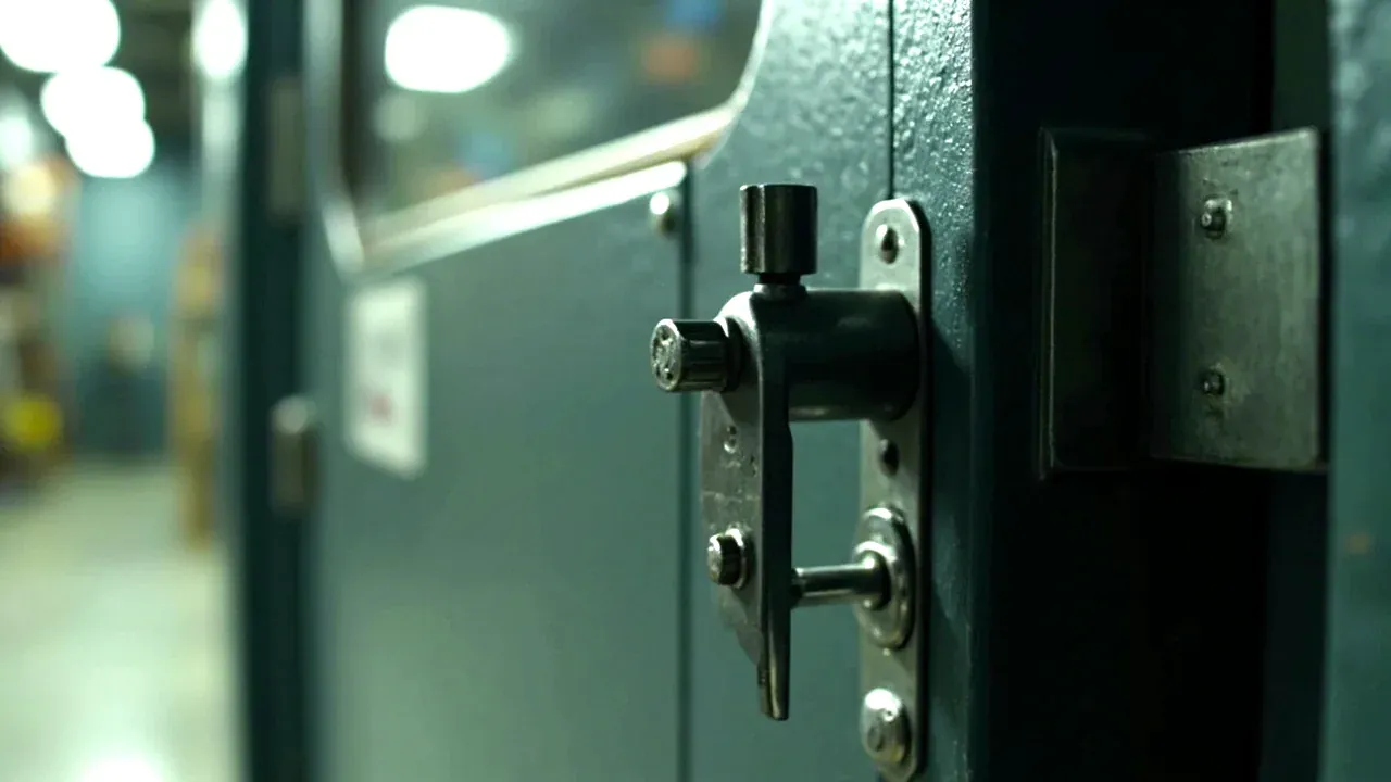 Close-up of the cabinet lock bar and the case padlock