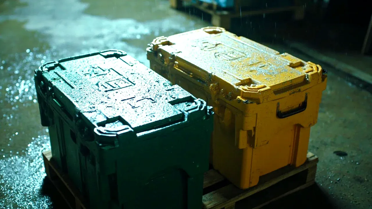 两只箱在托盘上淋雨，水珠挂在滚塑外壳上