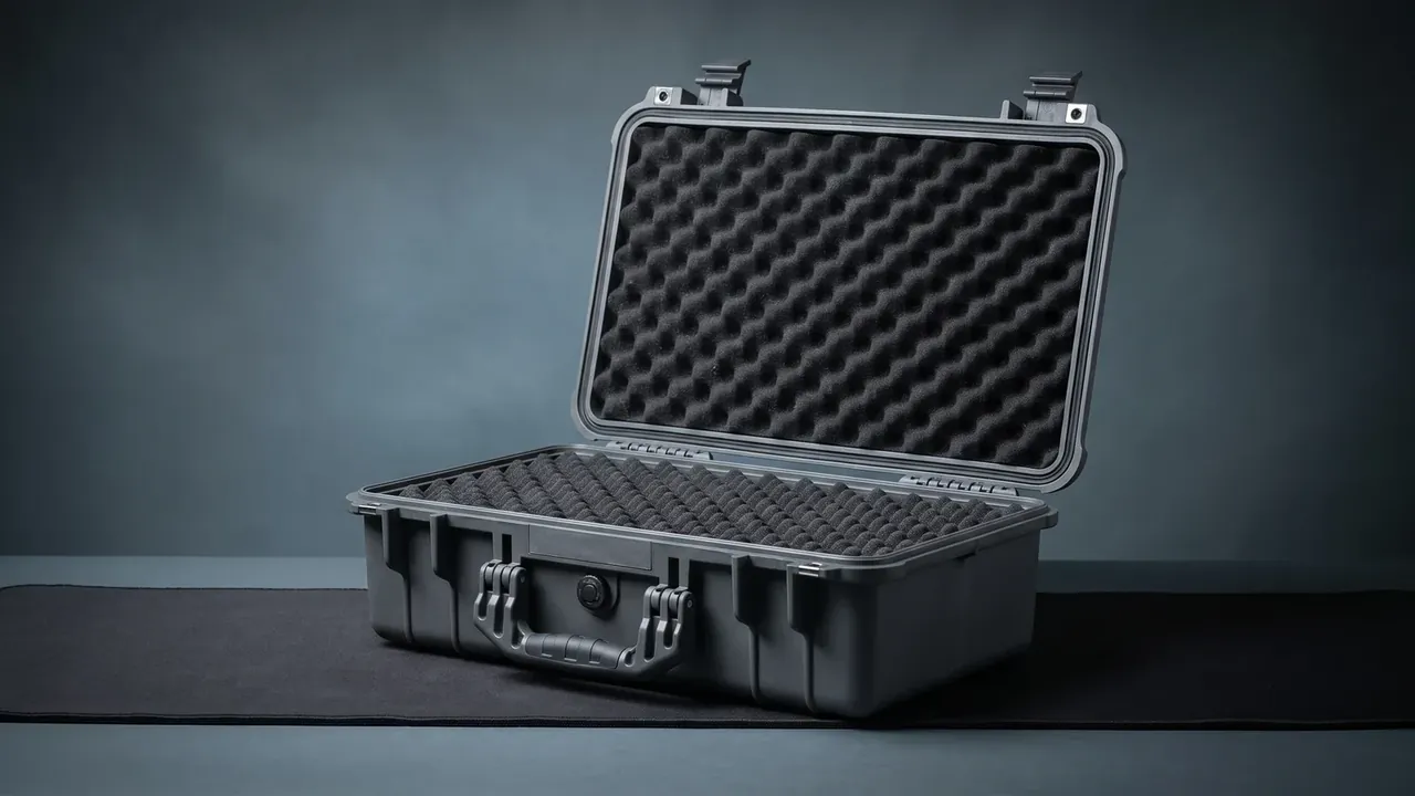 Ammunition Storage Container: dark grey case open on a dark mat, convoluted foam in the lid, ribbed foam in the base, two latches, blue-grey backdrop.