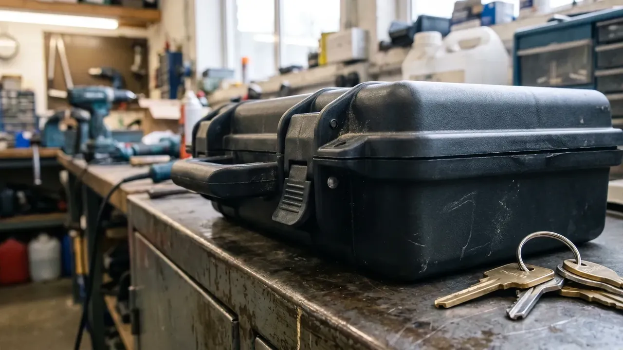 Ammunition Storage Container: a closed black case on a scarred workshop bench, two latches shut, a ring of brass keys in front