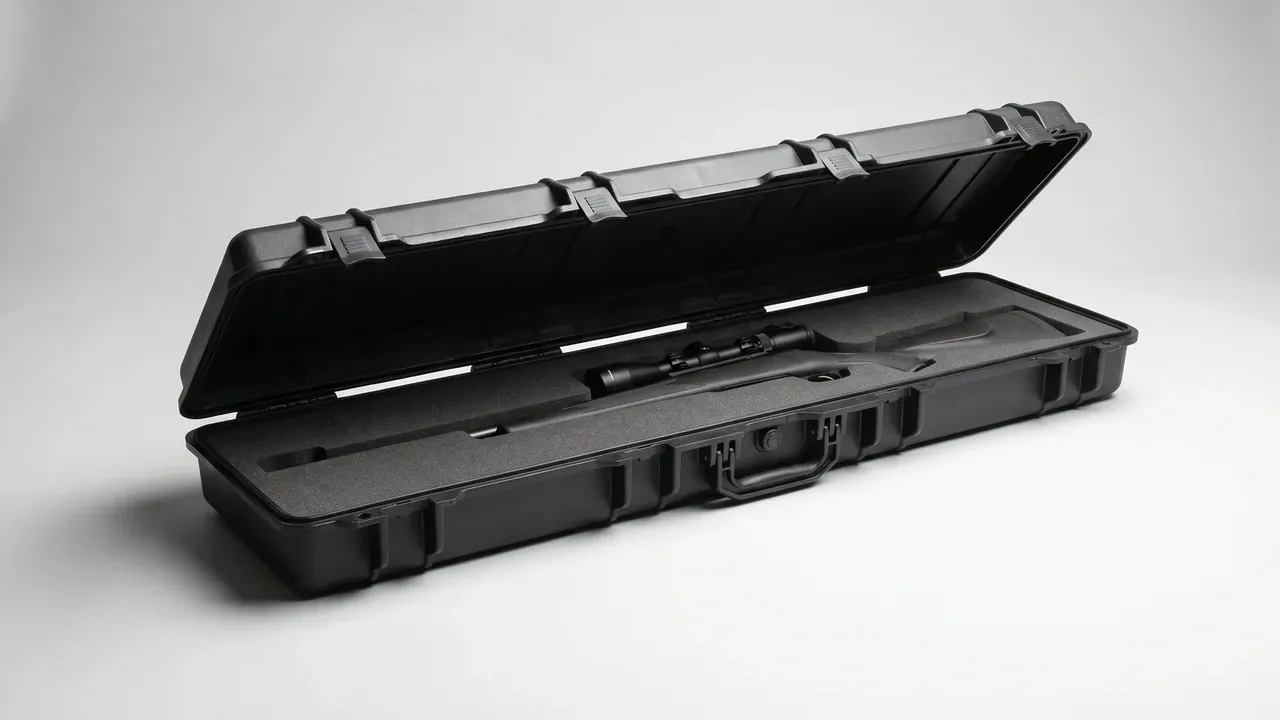 Ammunition Storage Container: black long case lying open, ribbed lid interior, dark grey foam cut in one long outline, white studio backdrop.