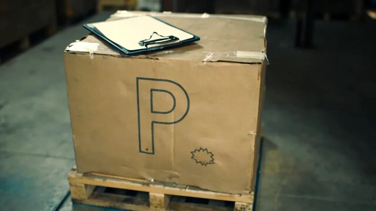 The case on a pallet at a transfer point with a clipboard resting on the lid
