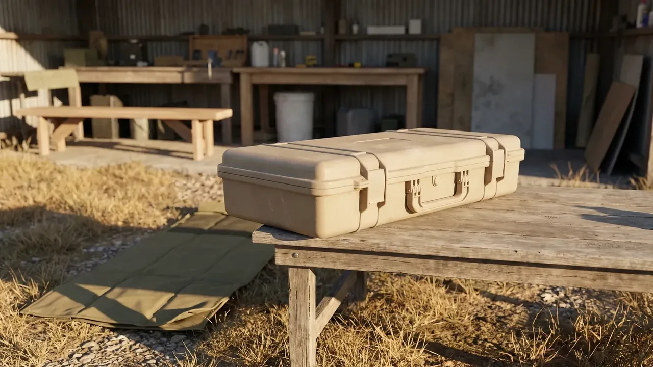 Ammunition transit case in tan, resting on an outdoor bench, two vertical ribs and two grey latches, workshop bench behind