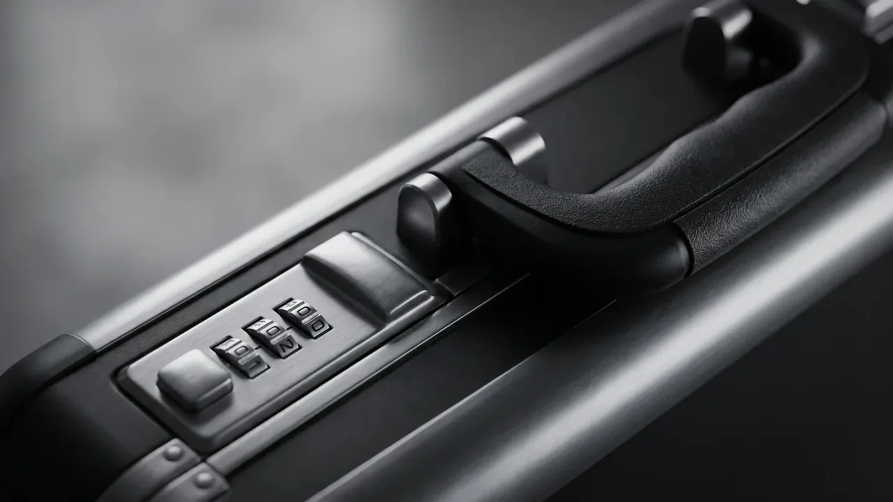 Ammunition Transit Case: close-up of the black case handle area, brushed metal three-dial combination lock in its housing, rivets, textured rubber grip