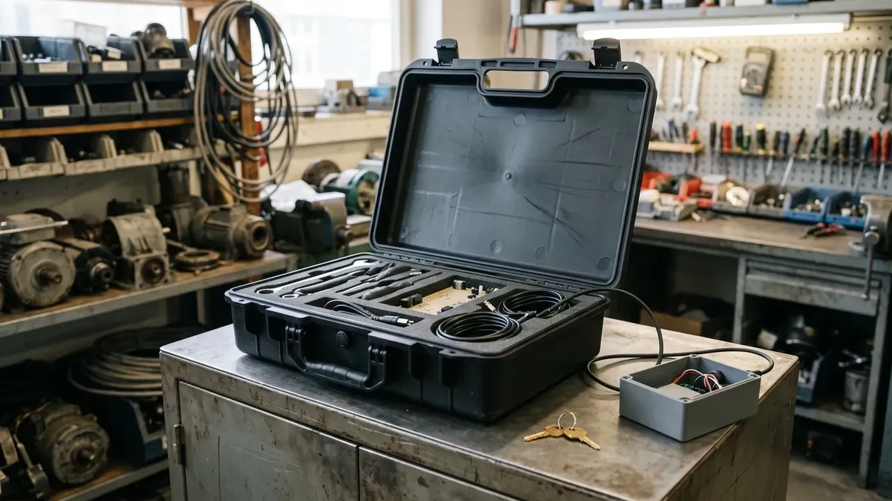 Artillery shell box: black case open on a bench, ribbed lid interior, foam cut for hand tools and coiled cable, wrench pegboard behind