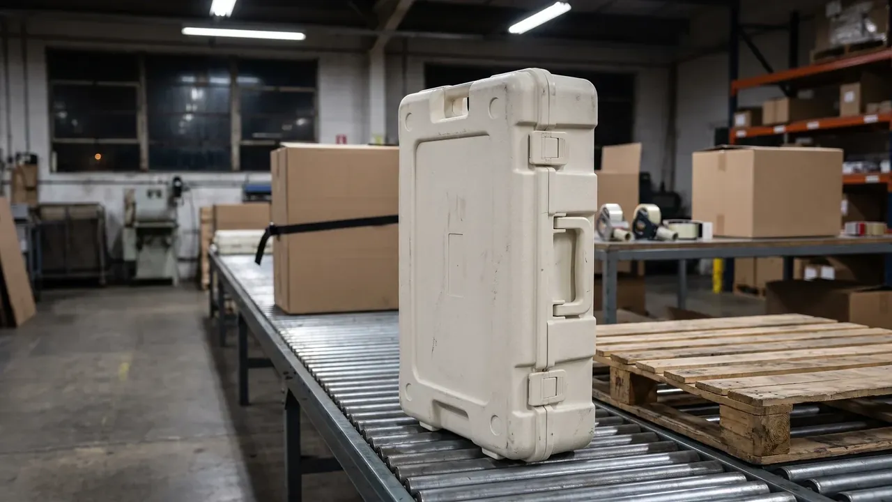 Artillery Shell Box: cream case standing on a roller conveyor, narrow face forward, moulded handle and two latches on the edge, cartons and pallets behind