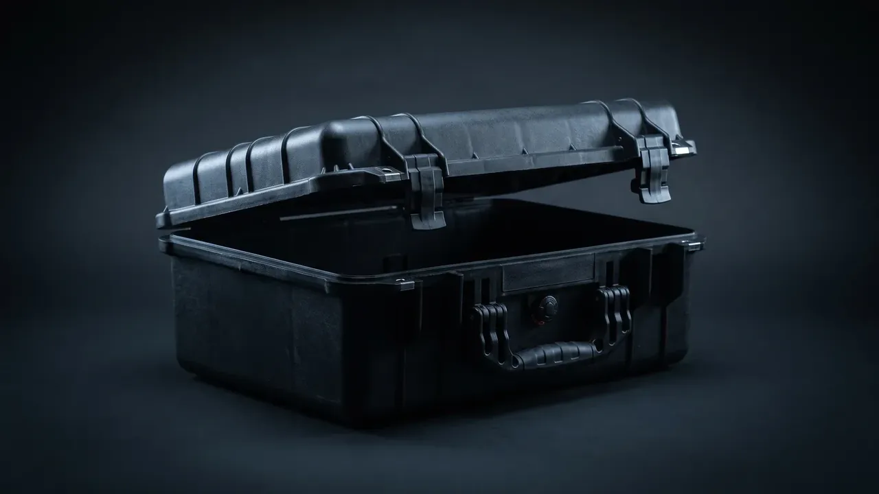 Artillery shell box: black case half open on a dark background, gasket along the lid rim, empty interior, pressure valve and handle on the front