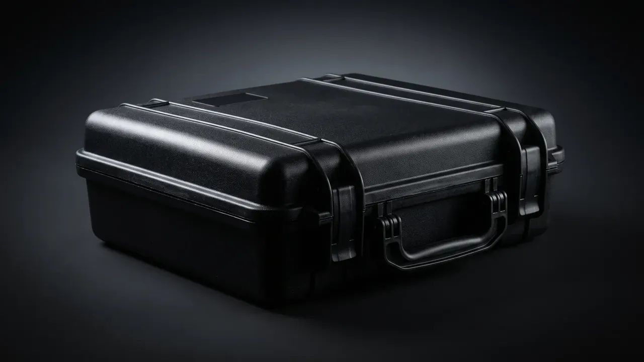 Artillery shell box: closed black case on a dark background, marking plate on the lid, two latches and a handle, impact marks on the corners