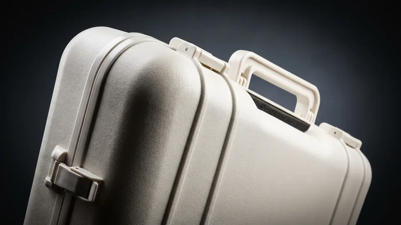 Artillery Shell Box: cream-white case from above, rounded lid corners, one dark latch closed at left, hinge and handle at upper right