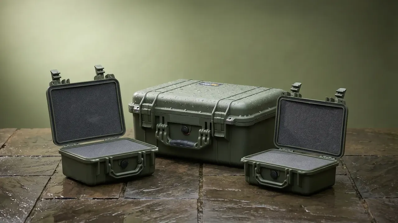 Artillery Shell Storage Container: three olive green cases on wet stone, two open to grey egg-crate foam, a large closed one beaded with rain