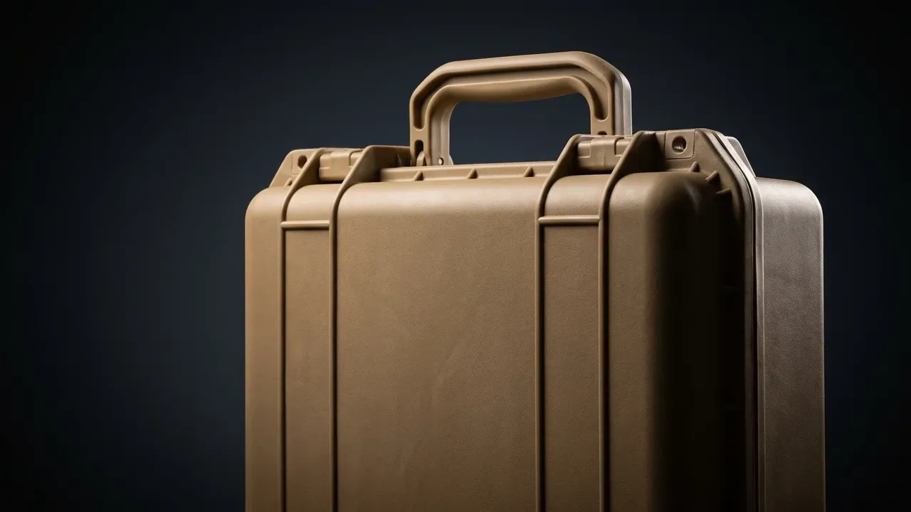 Artillery Shell Storage Container: a tan body close up, handle on top, two vertical ribs, keeper points at the lid edge, fine grain texture