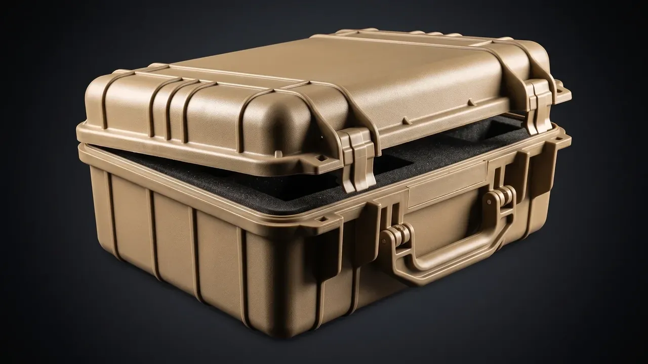 Artillery Shell Storage Container: a tan case open about thirty degrees, black foam inside, two latches either side of the handle, seven lid ribs