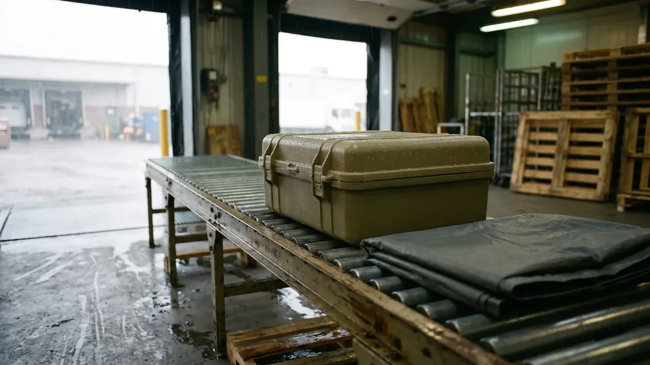 Artillery Shell Storage Container: olive case on a warehouse roller conveyor, stacked pallets and a folded dark tarp beside it, wet yard outside