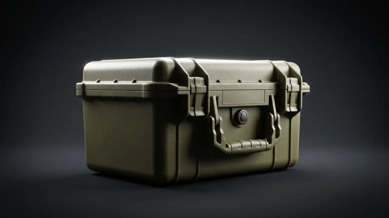 Artillery Shell Storage Container: olive case against a dark backdrop, two latches and a folding handle, a round valve on the front wall, side ribs