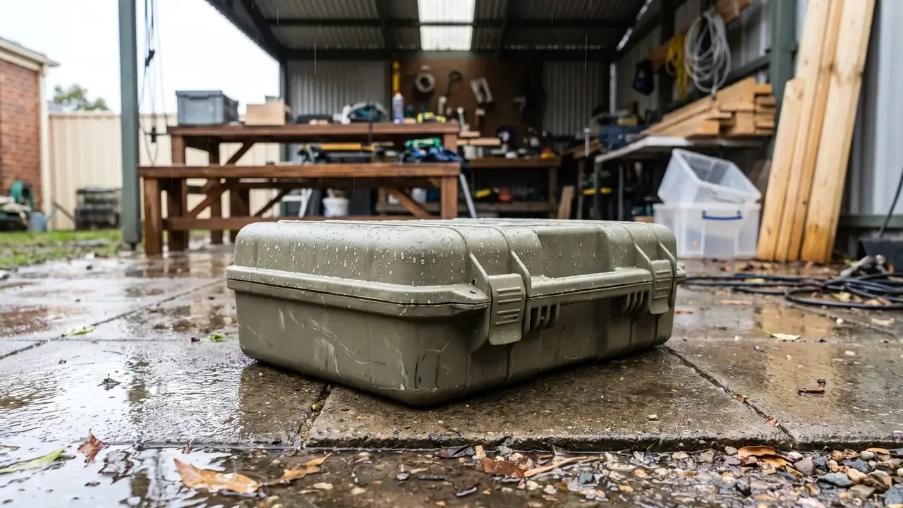 Artillery Shell Storage Container: closed olive case on wet concrete before an open timber shed, wooden benches, boards and clear bins behind