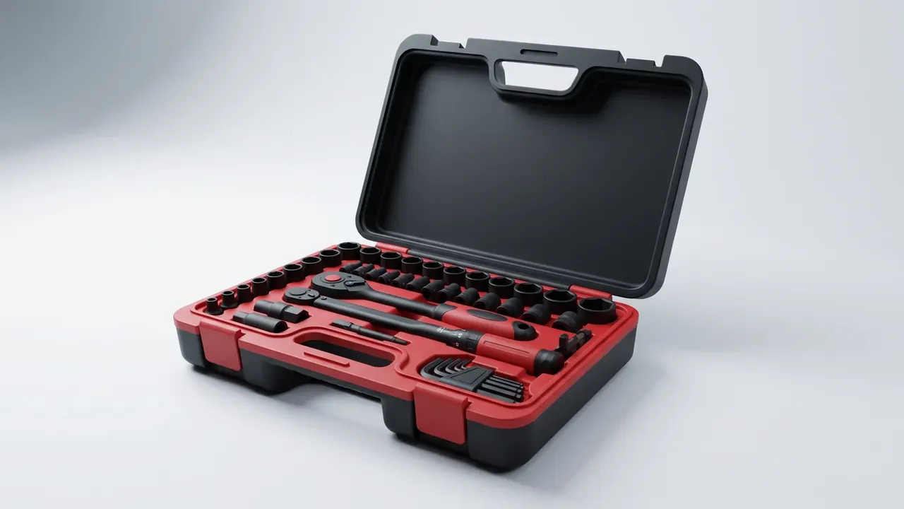Automotive tool case open, red moulded tray with two rows of sockets, a ratchet and extensions in the centre channel