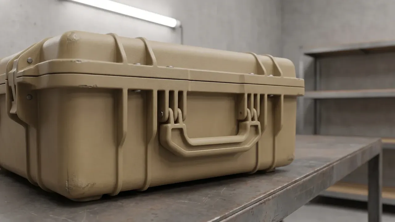 Aviation equipment protective case in tan, closed on a metal bench, four lateral ribs, one latch at the left edge, moulded handle, metal shelving behind